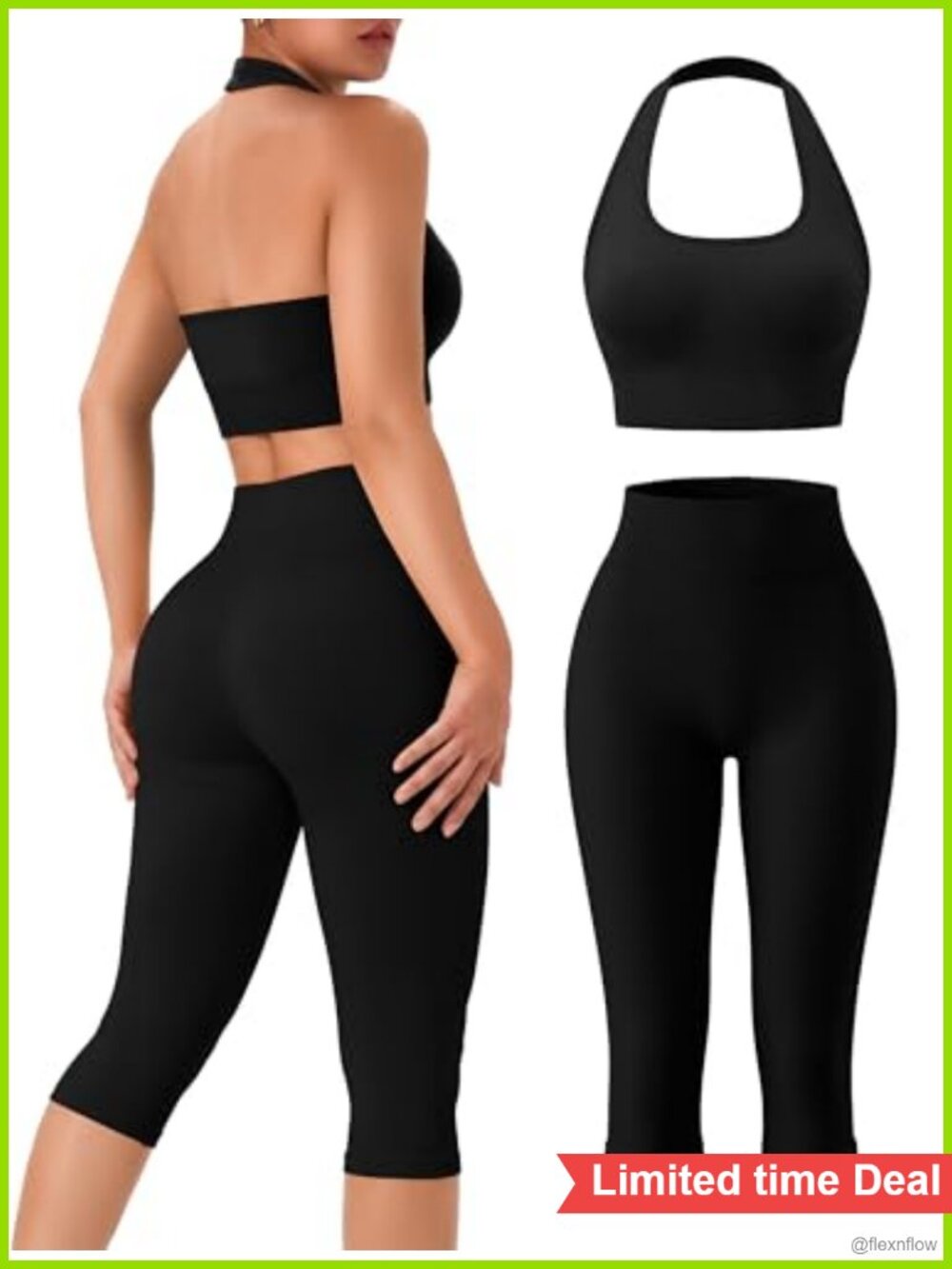 Women's Workout Set 2 Piece Halter Sports Bra Capri Leggings Seamless